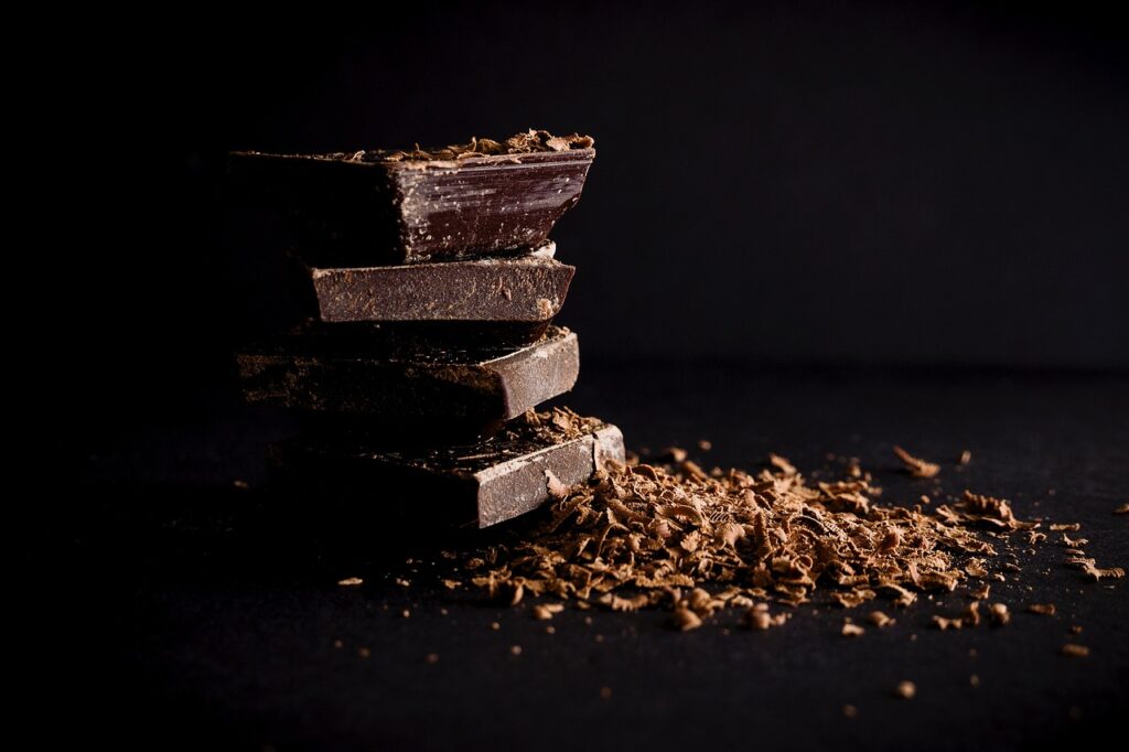Dark chocolate bar broken into squares